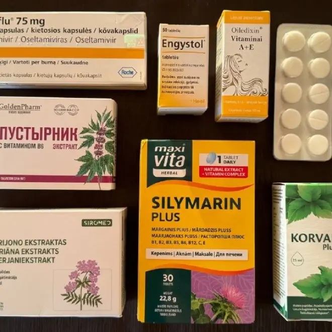 Аптечные запасы: Silymarin, Engystol, Tamiflu, Пустырник, Валерьянка, Витамины АЕ, Korvalol