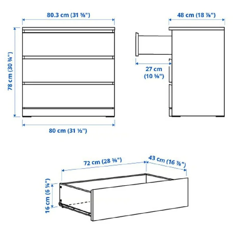 Комод IKEA MALM с 3 ящиками