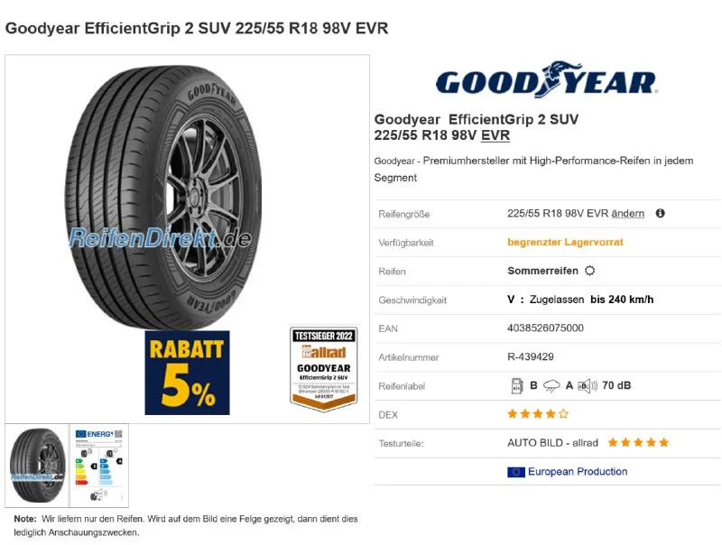 Комплект летних шин Goodyear EfficientGrip 2 SUV 225/55 R18 98V EVR