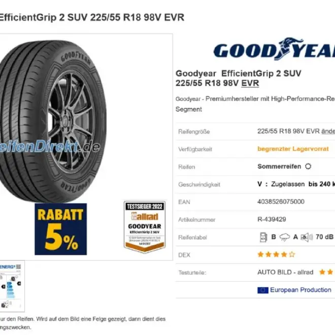 Комплект летних шин Goodyear EfficientGrip 2 SUV 225/55 R18 98V EVR